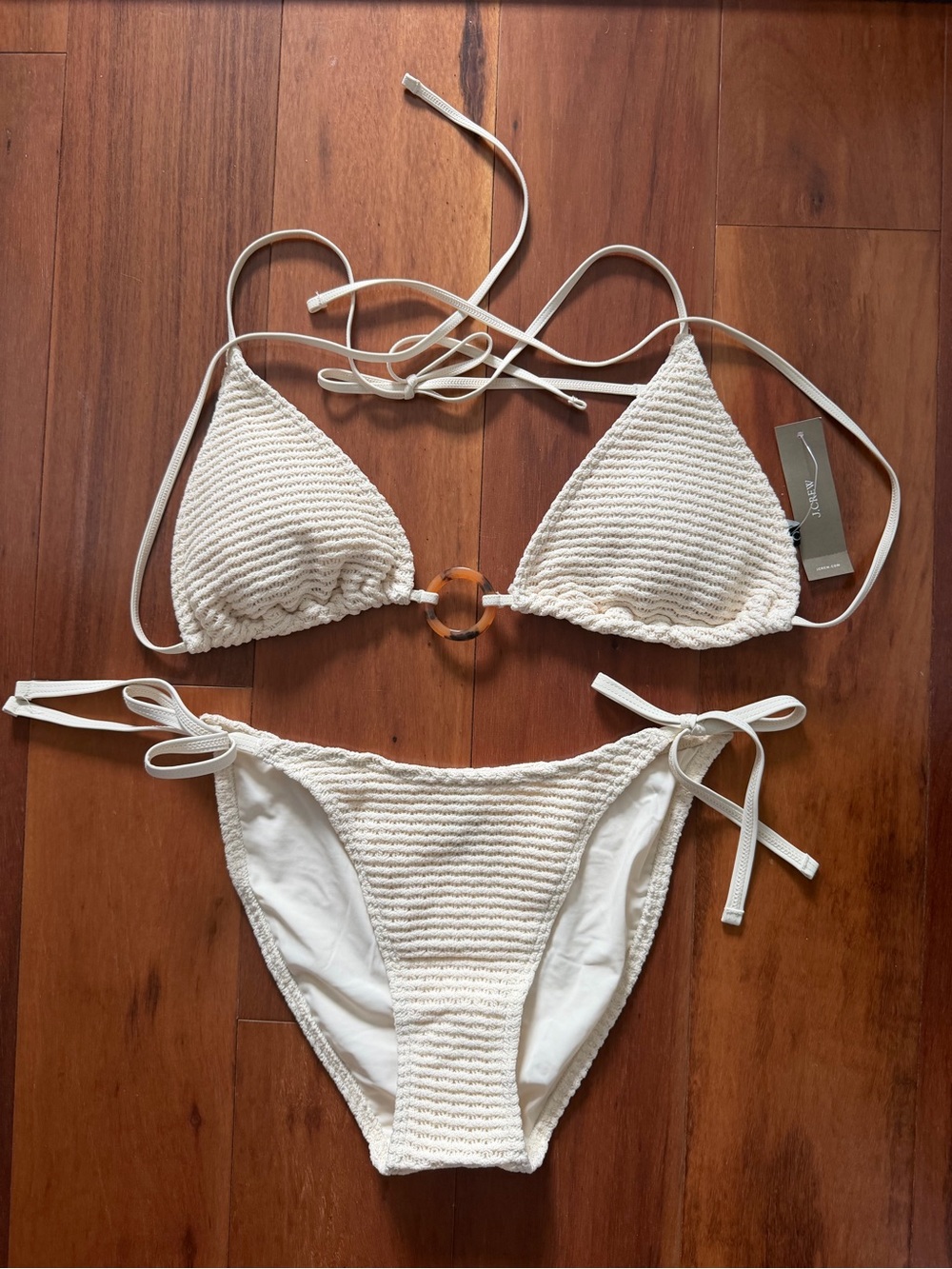 J. Crew Cream Textured Ring-Accent Triangle Bikini